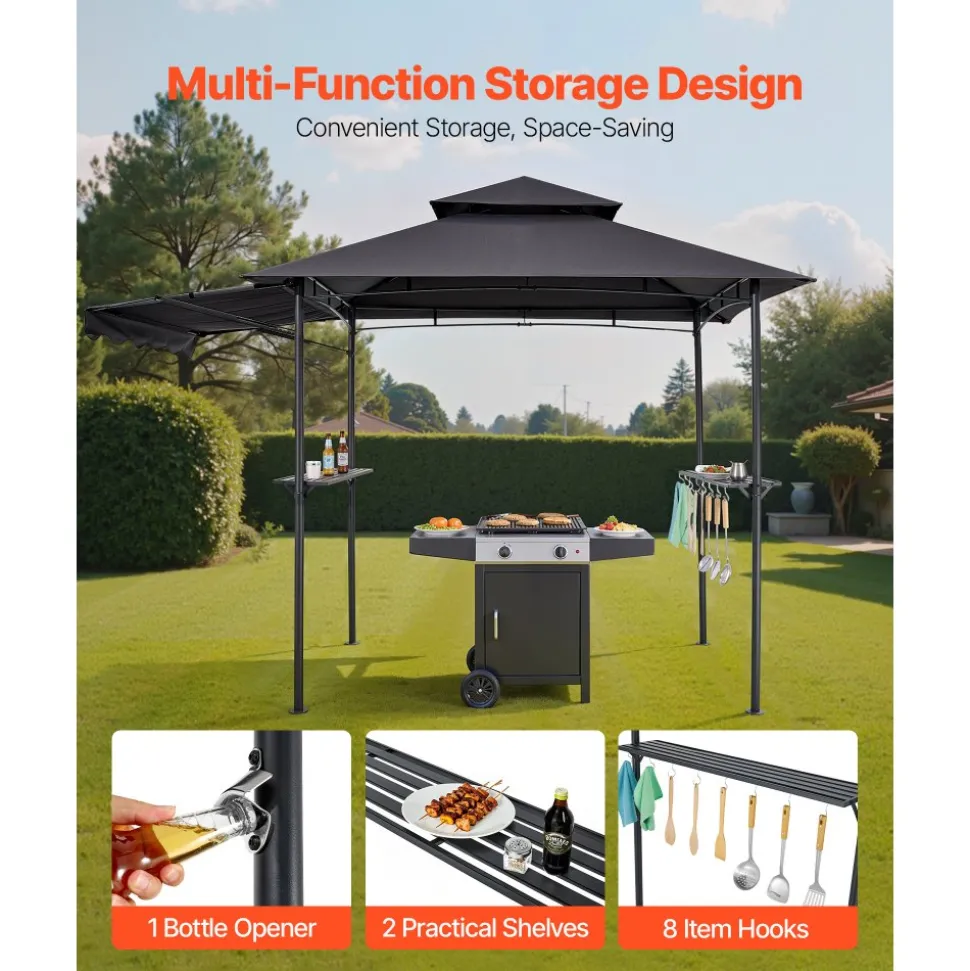 VEVOR Grill Gazebo, 8 x 5 ft Double-Tiered Top, BBQ Gazebo with Extra Awning, Powder-Coated Steel Patio Grill Shelter with 2 Side Shelves, Bottle Opener & Hooks, Outdoor Grilling Canopy for Garden