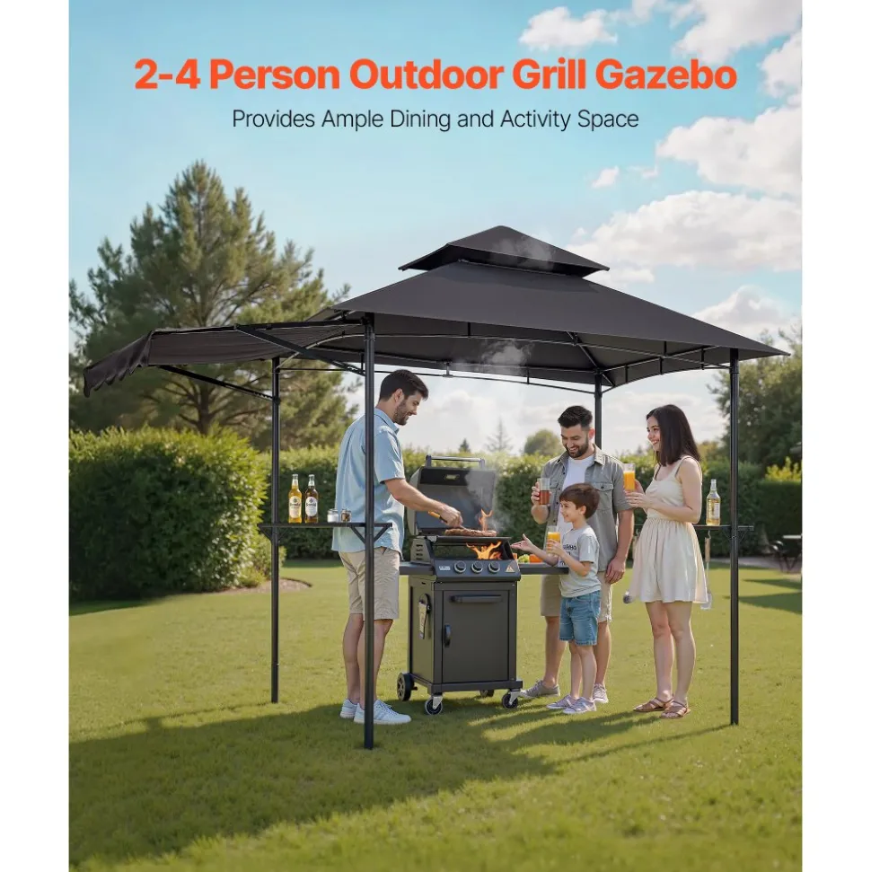 VEVOR Grill Gazebo, 8 x 5 ft Double-Tiered Top, BBQ Gazebo with Extra Awning, Powder-Coated Steel Patio Grill Shelter with 2 Side Shelves, Bottle Opener & Hooks, Outdoor Grilling Canopy for Garden