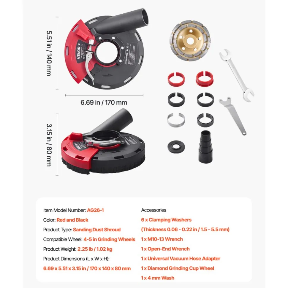 VEVOR Grinding Dust Shroud for Angle Grinder, Universal 4-5 in, Surface Grinder Dust Shroud with 6 Clamping Washers & 5 in Diamond Grinding Cup Wheel, Connect to Vacuum Cleaner, for Wood Concrete Wall