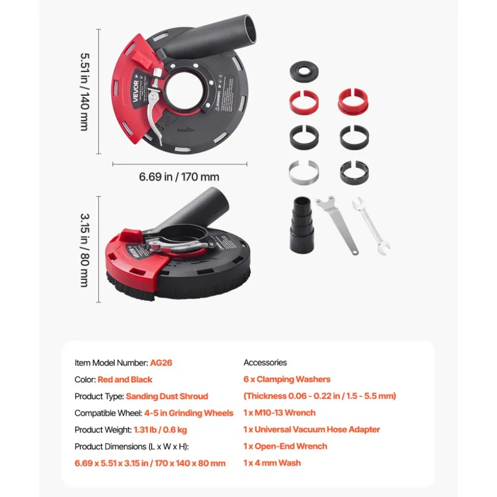VEVOR Grinding Dust Shroud for Angle Grinder, Universal 4-5 in, Surface Grinder Dust Shroud with 6 Clamping Washers, Connect to Vacuum Cleaner, Suitable for Grinding Wood Concrete Wall Stone
