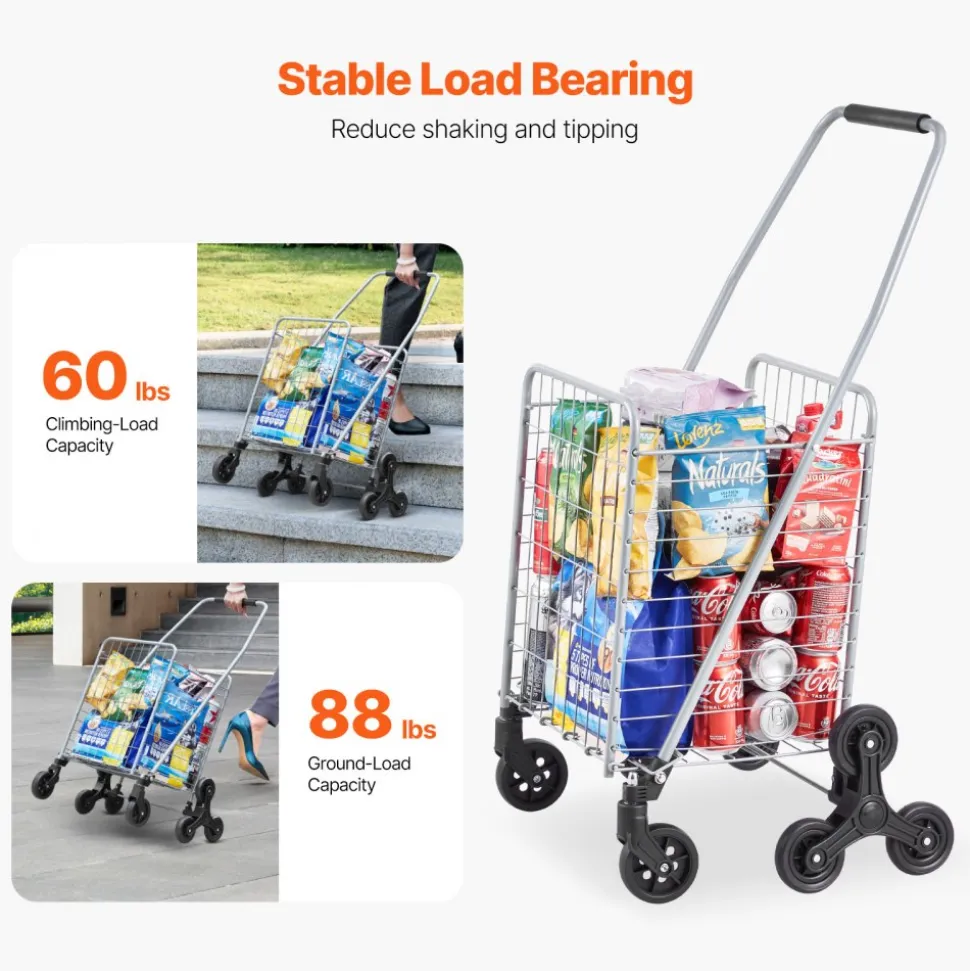 VEVOR Grocery Shopping Cart, 45L Stair Climbing Shopping Cart with 360° Rolling Swivel Wheels, Stair Climber Utility Cart with Tri-Wheels, Foldable Collapsible & Lightweight for Laundry Travel, Silver