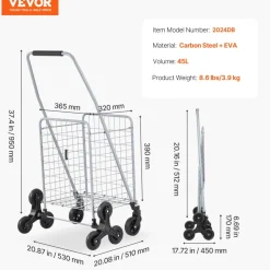 VEVOR Grocery Shopping Cart, 45L Stair Climbing Shopping Cart with 360° Rolling Swivel Wheels, Stair Climber Utility Cart with Tri-Wheels, Foldable Collapsible & Lightweight for Laundry Travel, Silver