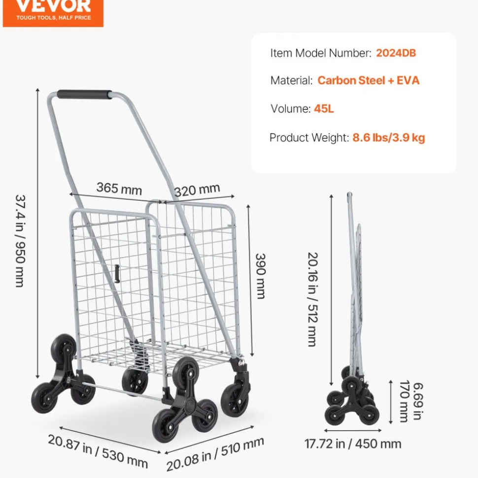 VEVOR Grocery Shopping Cart, 45L Stair Climbing Shopping Cart with 360° Rolling Swivel Wheels, Stair Climber Utility Cart with Tri-Wheels, Foldable Collapsible & Lightweight for Laundry Travel, Silver