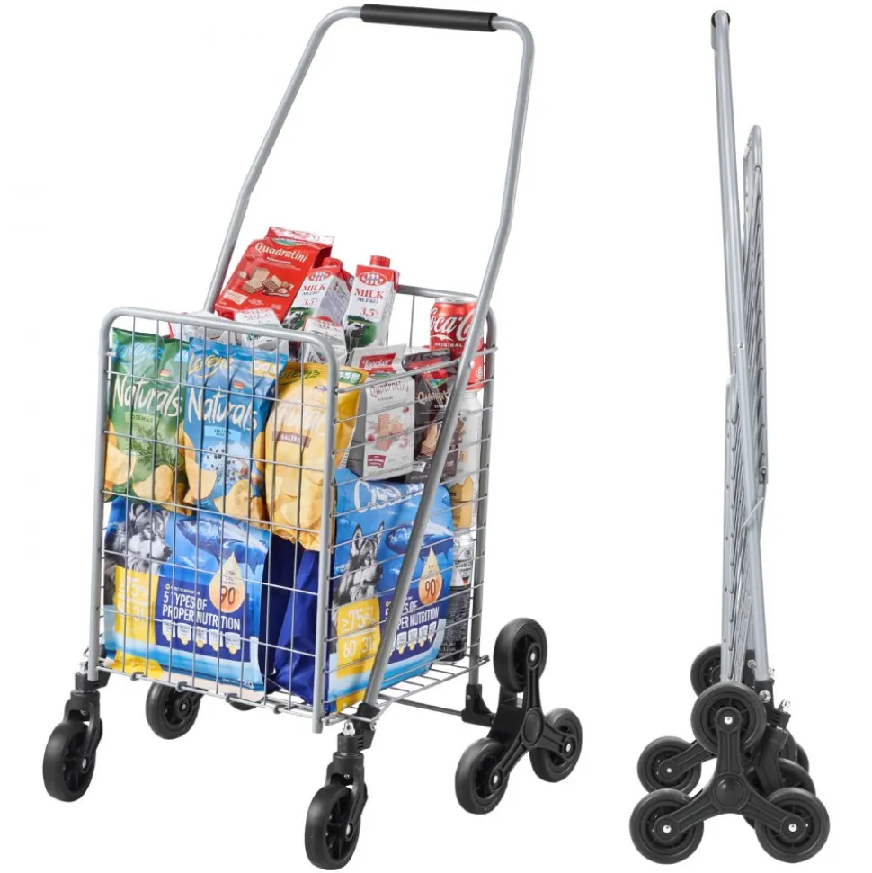 VEVOR Grocery Shopping Cart, 45L Stair Climbing Shopping Cart with 360° Rolling Swivel Wheels, Stair Climber Utility Cart with Tri-Wheels, Foldable Collapsible & Lightweight for Laundry Travel, Silver