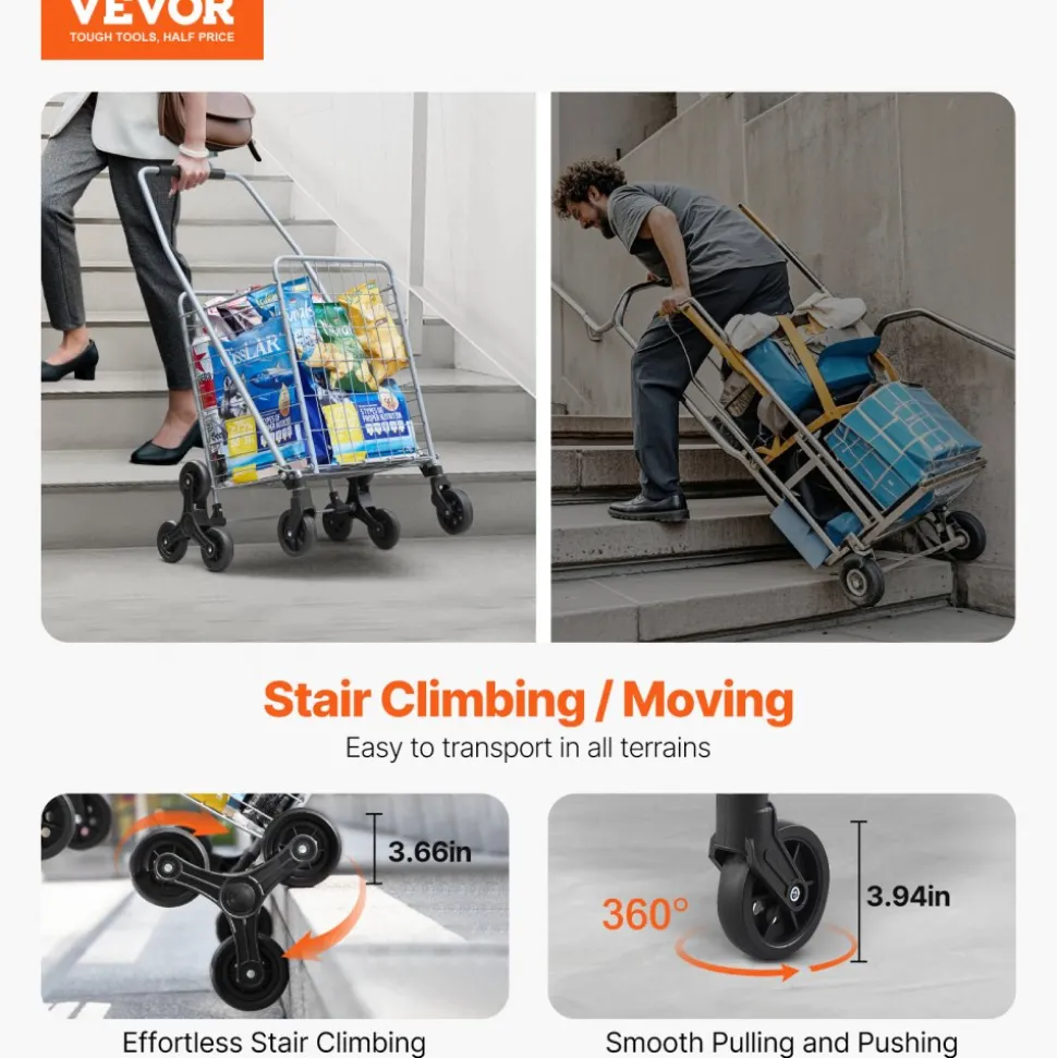 VEVOR Grocery Shopping Cart, 45L Stair Climbing Shopping Cart with 360° Rolling Swivel Wheels, Stair Climber Utility Cart with Tri-Wheels, Foldable Collapsible & Lightweight for Laundry Travel, Silver