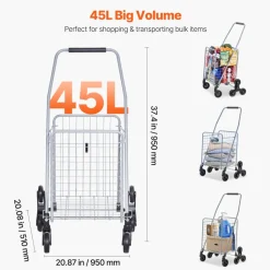 VEVOR Grocery Shopping Cart, 45L Stair Climbing Shopping Cart with 360° Rolling Swivel Wheels, Stair Climber Utility Cart with Tri-Wheels, Foldable Collapsible & Lightweight for Laundry Travel, Silver