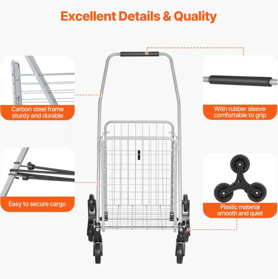 VEVOR Grocery Shopping Cart, 45L Stair Climbing Shopping Cart with 360° Rolling Swivel Wheels, Stair Climber Utility Cart with Tri-Wheels, Foldable Collapsible & Lightweight for Laundry Travel, Silver
