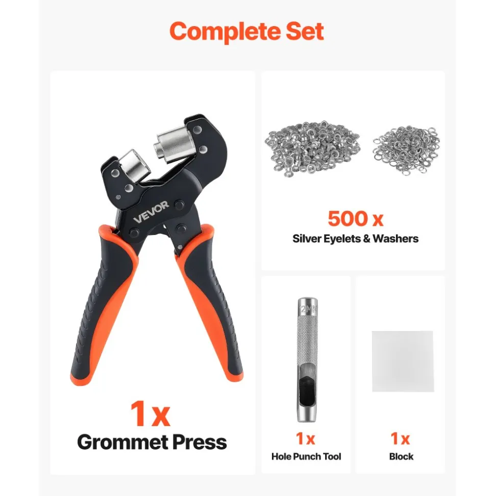 VEVOR Grommet Tool Kit 1/2" Eyelet Tool Kit with 500 PCS Silver Grommets, with Eyelets and Washers, Manual Grommet Press Pliers, Hole Punch, and Block, for Leather, Tarps, Shoes, Crafts, and Fabric