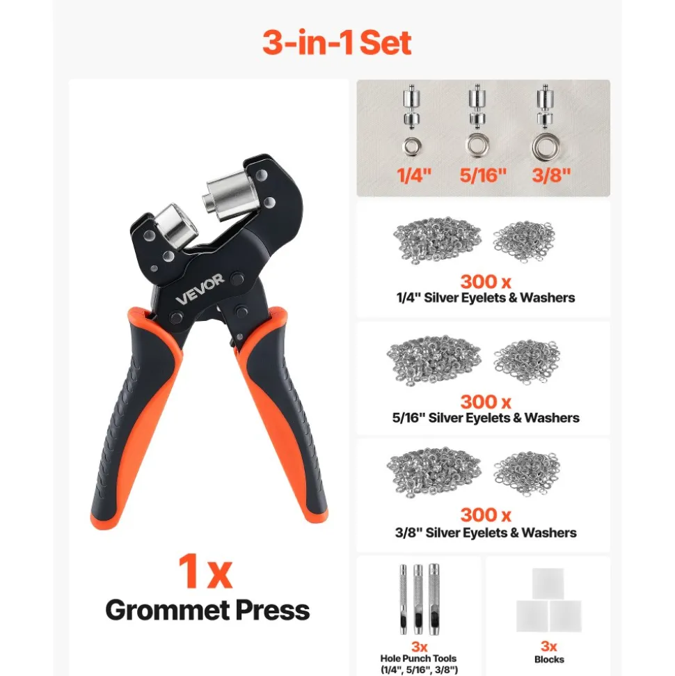 VEVOR Grommet Tool Kit 1/4" 5/16" 3/8" 900 PCS Grommets Eyelet Tool Kit, with Eyelets and Washers, Manual Grommet Press Pliers, Hole Punch Tools, Blocks, for Leather, Tarps, Shoes, Crafts, Fabric