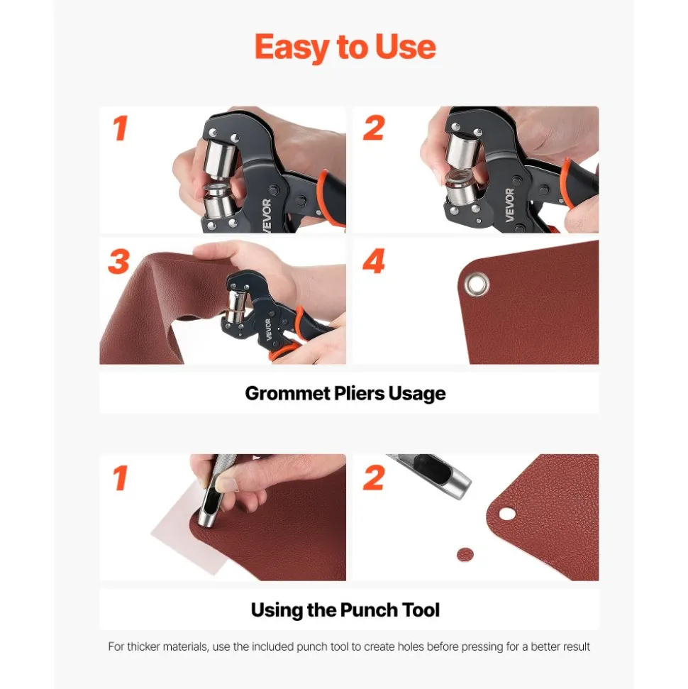 VEVOR Grommet Tool Kit 1/4" 5/16" 3/8" 900 PCS Grommets Eyelet Tool Kit, with Eyelets and Washers, Manual Grommet Press Pliers, Hole Punch Tools, Blocks, for Leather, Tarps, Shoes, Crafts, Fabric