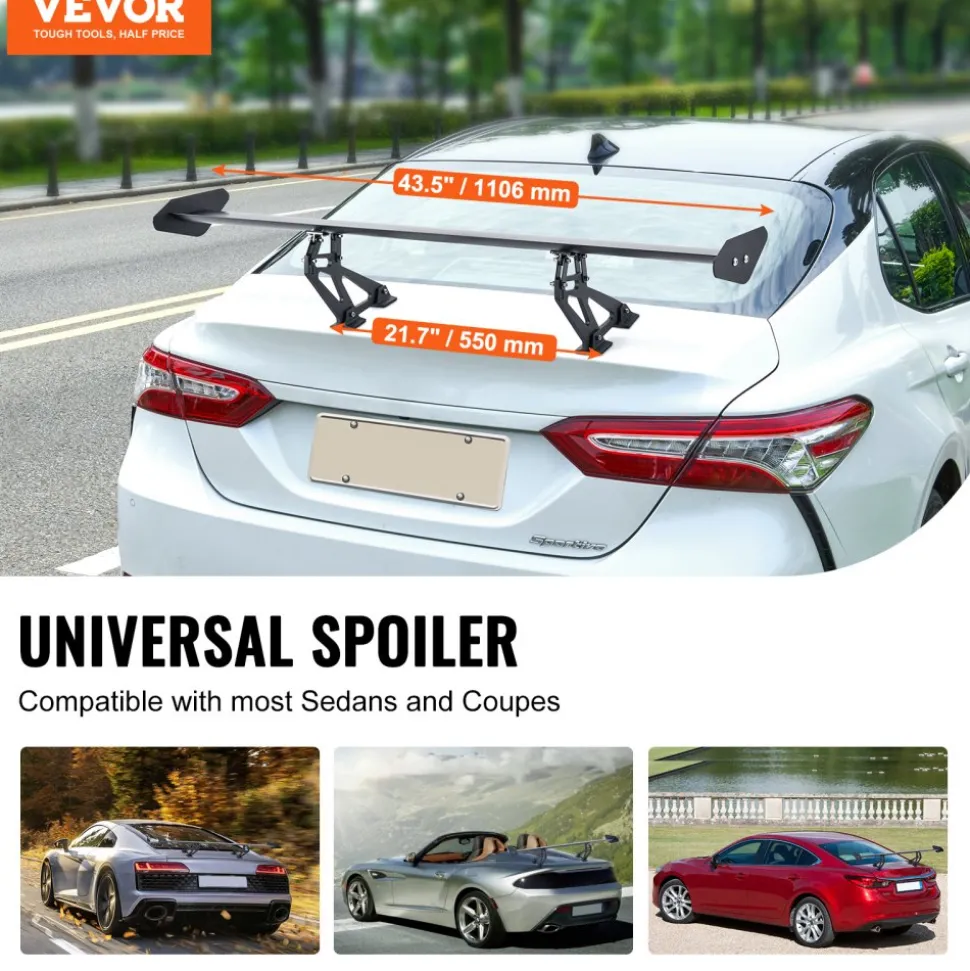 VEVOR GT Wing Car Spoiler, 43.3 inch Universal Spoiler with Single Deck, Adjustable Lightweight Aluminum, Car Rear Spoiler Wing, Racing Spoiler BGW/JDM Drift Black