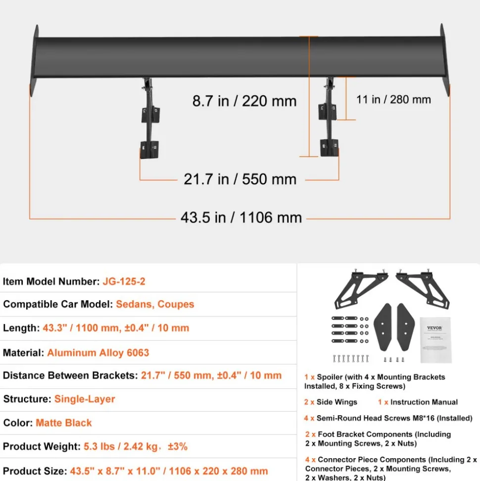 VEVOR GT Wing Car Spoiler, 43.3 inch Universal Spoiler with Single Deck, Adjustable Lightweight Aluminum, Car Rear Spoiler Wing, Racing Spoiler BGW/JDM Drift Black