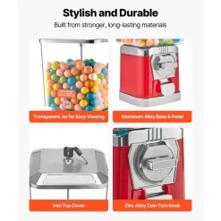 VEVOR Gumball Machine for Kids, 17"H Home Candy Vending Machine, PC Gumball Dispenser, Bubble Gum Machine for Game Stores, Coin Operated Gumball Bank for Toy Capsules Bouncy Balls Candy, Red