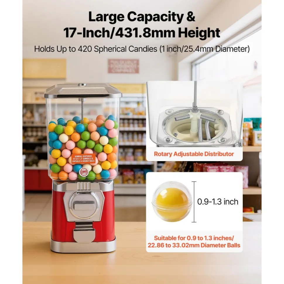 VEVOR Gumball Machine for Kids, 17"H Home Candy Vending Machine, PC Gumball Dispenser, Bubble Gum Machine for Game Stores, Coin Operated Gumball Bank for Toy Capsules Bouncy Balls Candy, Red