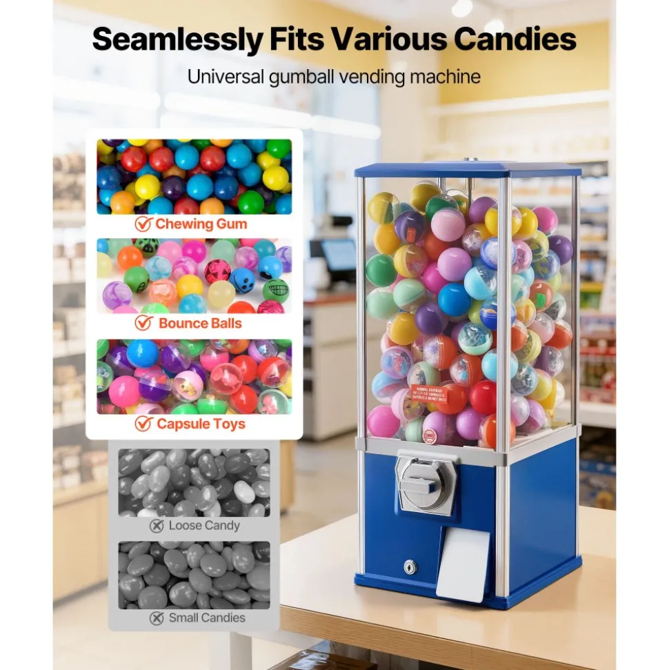 VEVOR Gumball Machine for Kids, 25" Height Home Vending Machine, PS Bouncy Balls Dispenser, Hold 230 Capsule Toys, Rectangle Bubble Gum Machine for Game Stores, Coin Operated Gumball Bank, Blue