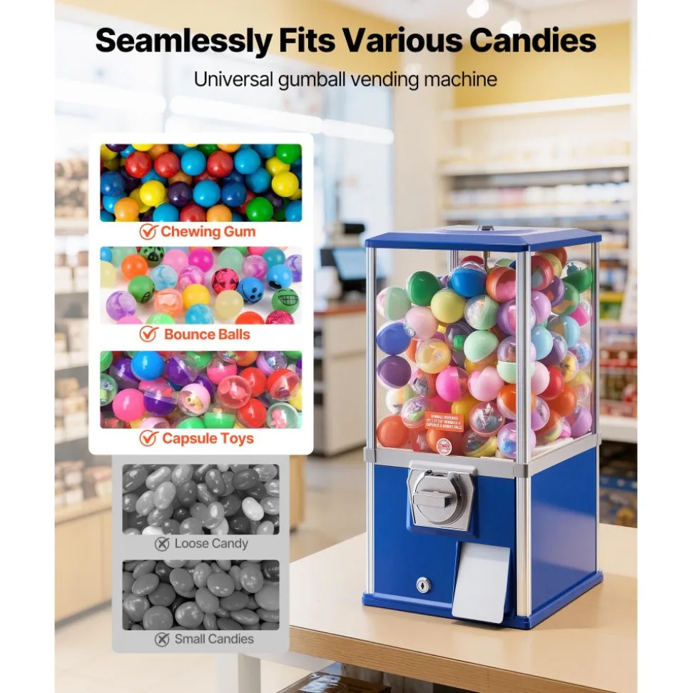 VEVOR Gumball Machine, 21 inch Height Candy Vending Machine Dispenser, 25-Cent Vending Machines for Shopping Malls, Supermarkets, Amusement Parks, Arcades, Holds Up to 180 1.77 inch Spherical Candies