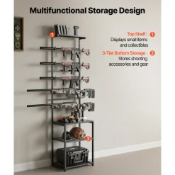 VEVOR Gun Rack, Floor Standing, Indoor Rifle Shotgun Rack Stand with Storage Shelf, for Wall Mount Gun Display Stand, Holds up to 5 Rifles, Heavy Duty Steel, for Home Garage Hunting Long Guns Storage