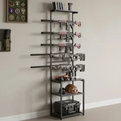 VEVOR Gun Rack, Floor Standing, Indoor Rifle Shotgun Rack Stand with Storage Shelf, for Wall Mount Gun Display Stand, Holds up to 5 Rifles, Heavy Duty Steel, for Home Garage Hunting Long Guns Storage