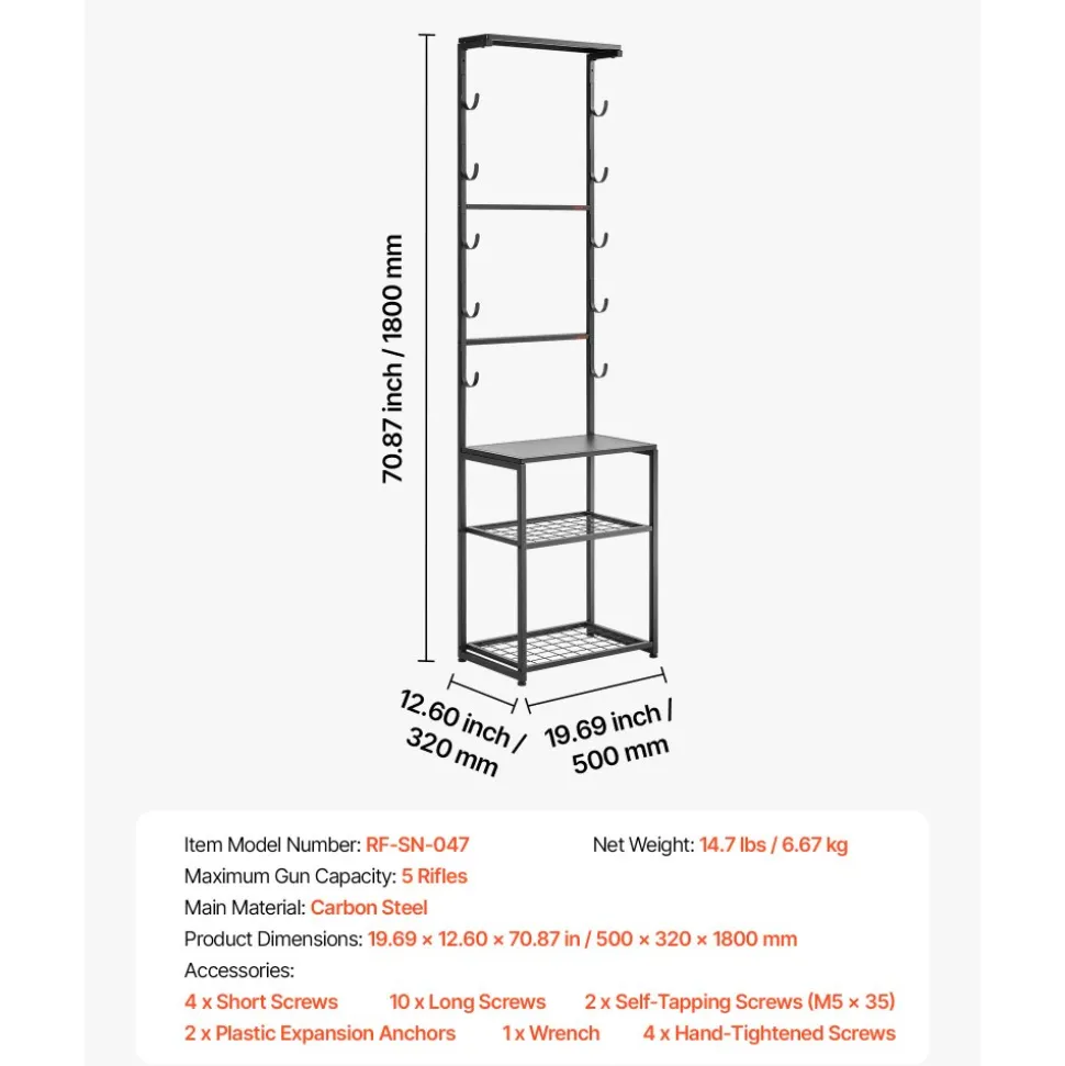 VEVOR Gun Rack, Floor Standing, Indoor Rifle Shotgun Rack Stand with Storage Shelf, for Wall Mount Gun Display Stand, Holds up to 5 Rifles, Heavy Duty Steel, for Home Garage Hunting Long Guns Storage