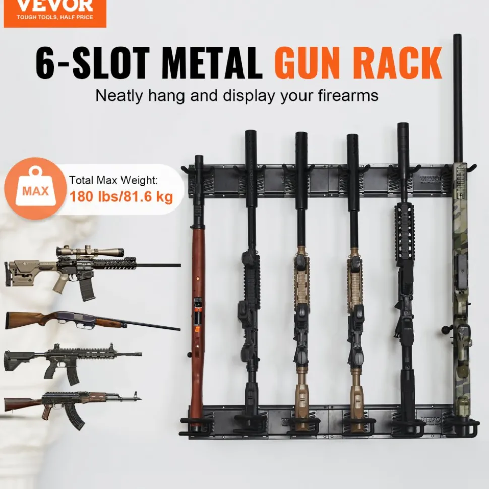 VEVOR Gun Rack, Indoor Gun Rack Wall Mount, 6-Slot Vertical Rifle Shotgun Gun Rack, 180 lb Heavy Duty Metal Wall Gun Rack Display Stand with Soft Padding