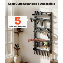 VEVOR Gun Rack Wall Mount, Heavy Duty Steel, Indoor Rifle Shotgun Rack with Magazine Holder, MOLLE Panel, Gun Accessories Display Storage Holder, Hold Up to 5 Rifles or Shotguns, for Tactical Gear