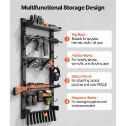 VEVOR Gun Rack Wall Mount, Heavy Duty Steel, Indoor Rifle Shotgun Rack with Magazine Holder, MOLLE Panel, Gun Accessories Display Storage Holder, Hold Up to 5 Rifles or Shotguns, for Tactical Gear