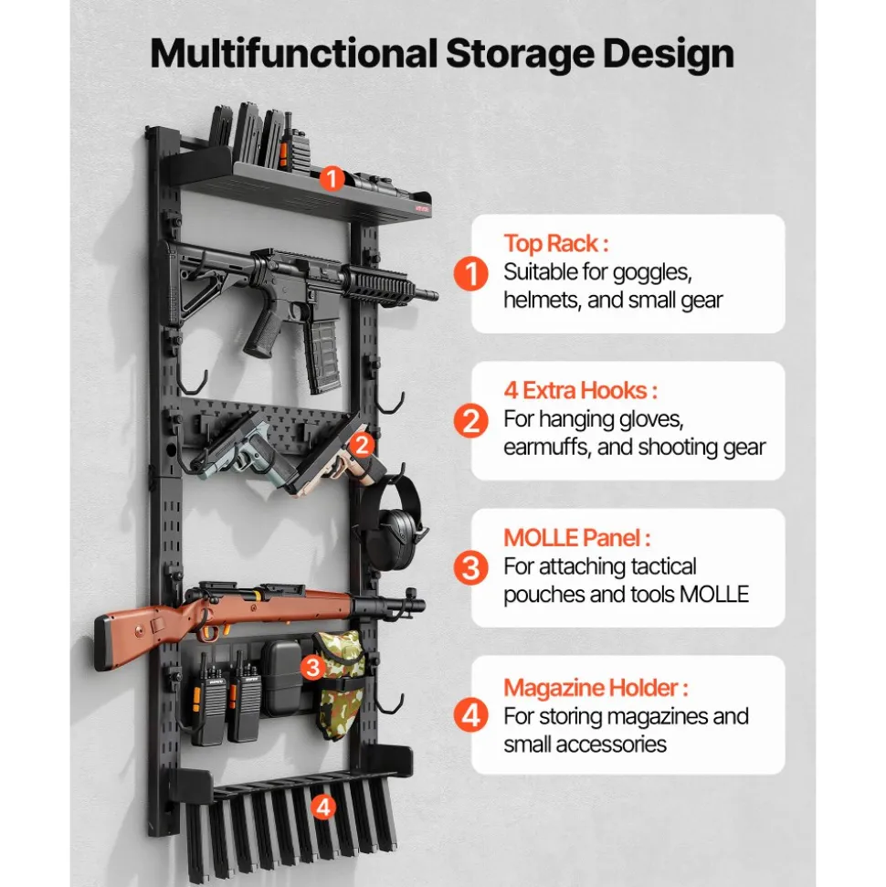 VEVOR Gun Rack Wall Mount, Heavy Duty Steel, Indoor Rifle Shotgun Rack with Magazine Holder, MOLLE Panel, Gun Accessories Display Storage Holder, Hold Up to 5 Rifles or Shotguns, for Tactical Gear