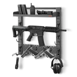 VEVOR Gun Rack Wall Mount, Heavy Duty Steel, Indoor Rifle Shotgun Rack with J-Hooks, Additional Tray Storage, Gun Accessories Display Storage Holder, Hold Up to 3 Rifles or Shotguns, for Tactical Gear