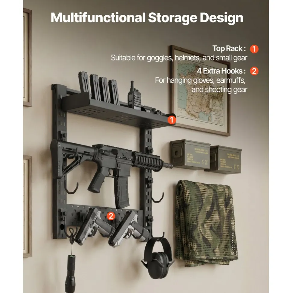 VEVOR Gun Rack Wall Mount, Heavy Duty Steel, Indoor Rifle Shotgun Rack with J-Hooks, Additional Tray Storage, Gun Accessories Display Storage Holder, Hold Up to 3 Rifles or Shotguns, for Tactical Gear