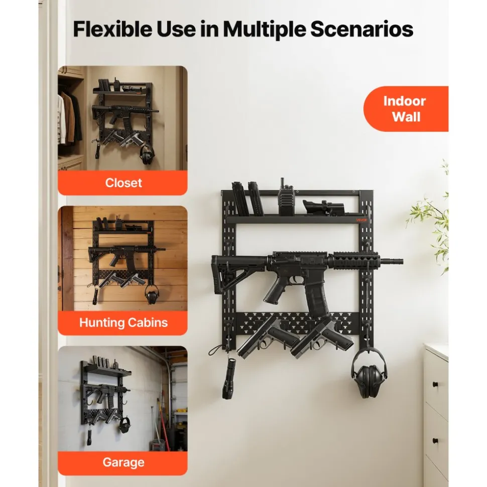 VEVOR Gun Rack Wall Mount, Heavy Duty Steel, Indoor Rifle Shotgun Rack with J-Hooks, Additional Tray Storage, Gun Accessories Display Storage Holder, Hold Up to 3 Rifles or Shotguns, for Tactical Gear