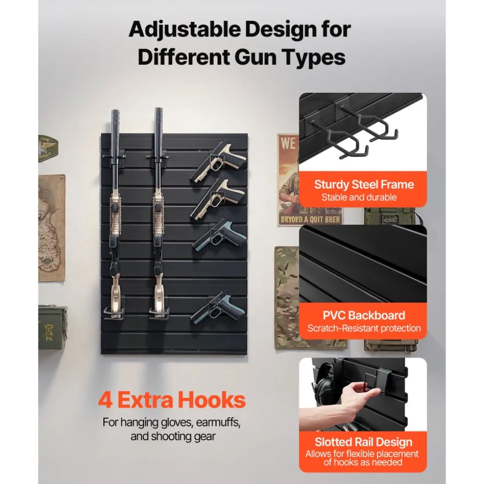 VEVOR Gun Rack, Wall Mount, Tactical Rifle Shotgun Handgun Storage, Heavy-Duty PVC Panels & Steel Wall Racks, Securely Holds up to 2 Rifles & 4 Pistols, Modular Firearms Gun Gear Accessories Organizer