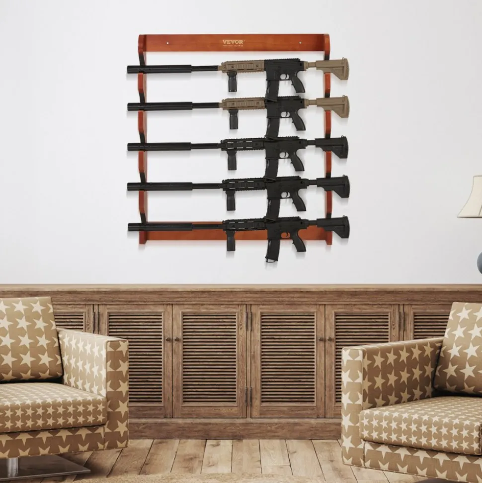 VEVOR Gun Rack, Wood Gun Rack Wall Mount, Gun Display Rack holds 5 Rifles, Shotguns, 132 lb Heavy Duty Wall Storage Display Rifle Rack with Soft Padding
