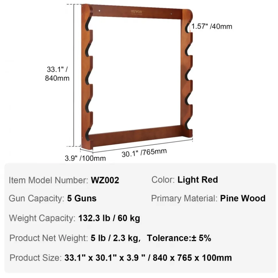 VEVOR Gun Rack, Wood Gun Rack Wall Mount, Gun Display Rack holds 5 Rifles, Shotguns, 132 lb Heavy Duty Wall Storage Display Rifle Rack with Soft Padding