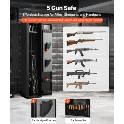 VEVOR Gun Safe, Heavy Duty Cold-Rolled Steel Fireproof Rifle Cabinet with Fingerprint, Digital Keypad & Key, Large Long Gun Cabinet with Magazine and LED, Adjustable Racks for Rifles, Pistols, Shotgun