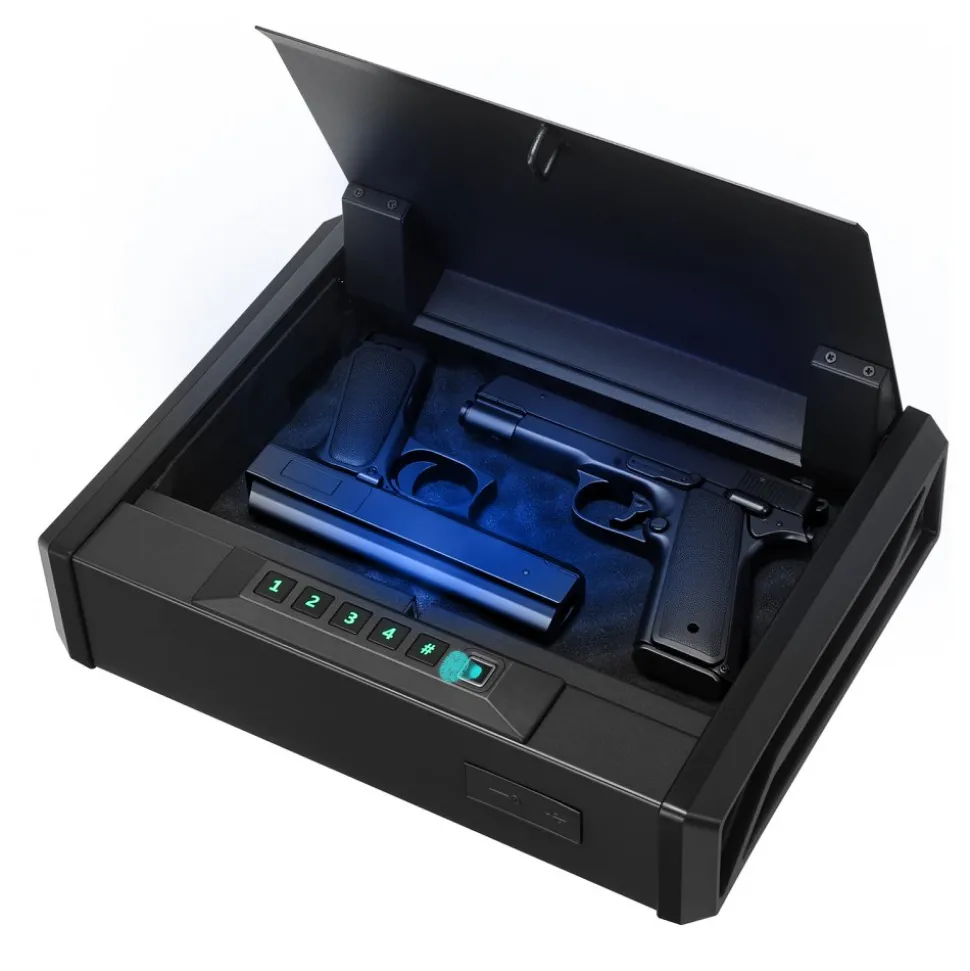 VEVOR Gun Safe, Heavy Duty Handgun Safe with Fingerprint/Password/Key, 3-Way Quick Access Firearm Case Box with Lighting for 2 Pistols & 2 Magazines, Pistol Gun Box for Nightstand Bedside Desk Car