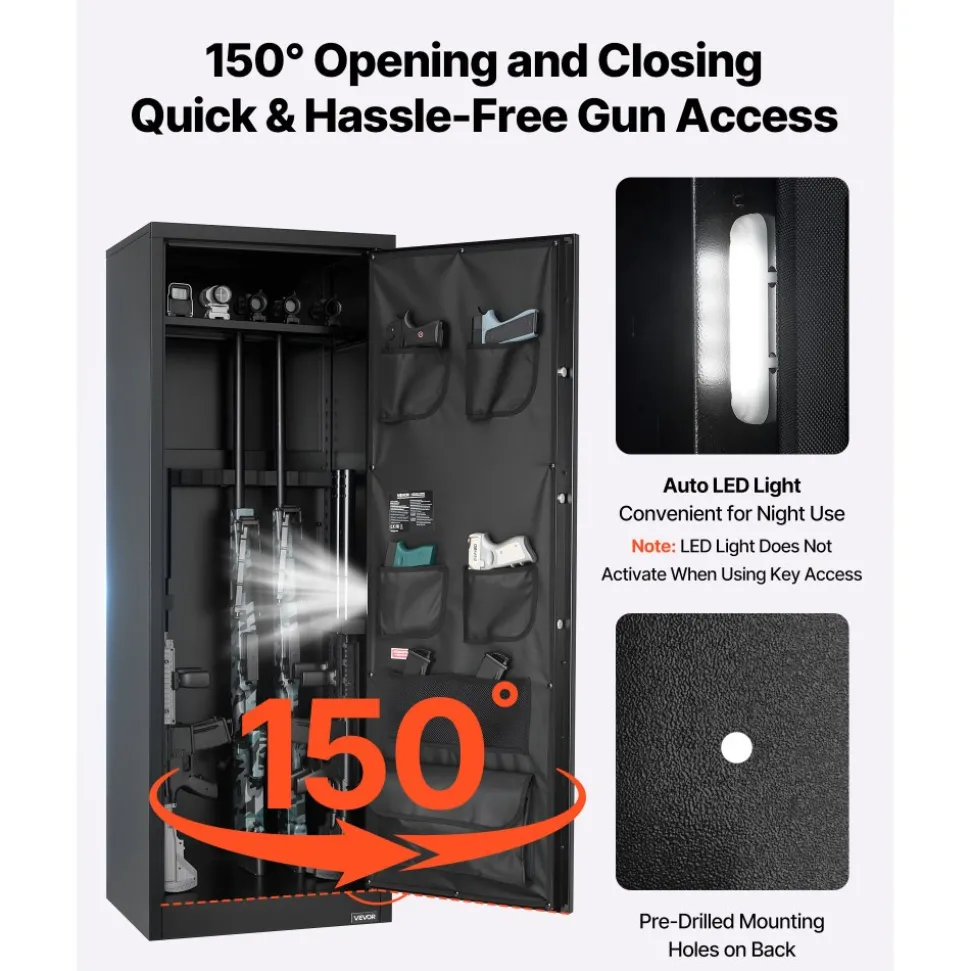 VEVOR 10-12 Gun Safe, Long Gun Cabinet for Rifles and Pistols, Quick Access Rifle Safe with 4 Pistol Pockets and 3 Adjustable Racks, Large Digital Cabinet with Key and Password Lock