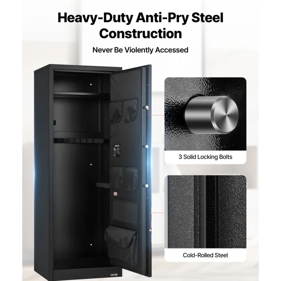 VEVOR 10-12 Gun Safe, Long Gun Cabinet for Rifles and Pistols, Quick Access Rifle Safe with 4 Pistol Pockets and 3 Adjustable Racks, Large Digital Cabinet with Key and Password Lock
