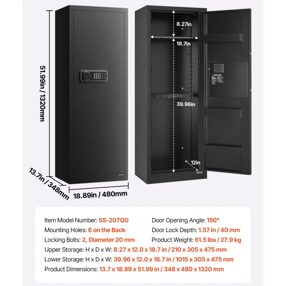 VEVOR 6-8 Gun Safe, Long Gun Cabinet for Rifles and Pistols, Quick Access Rifle Safe with 3 Ammo Slots and 2 Adjustable Racks, Large Digital Cabinet with Key and Password Lock