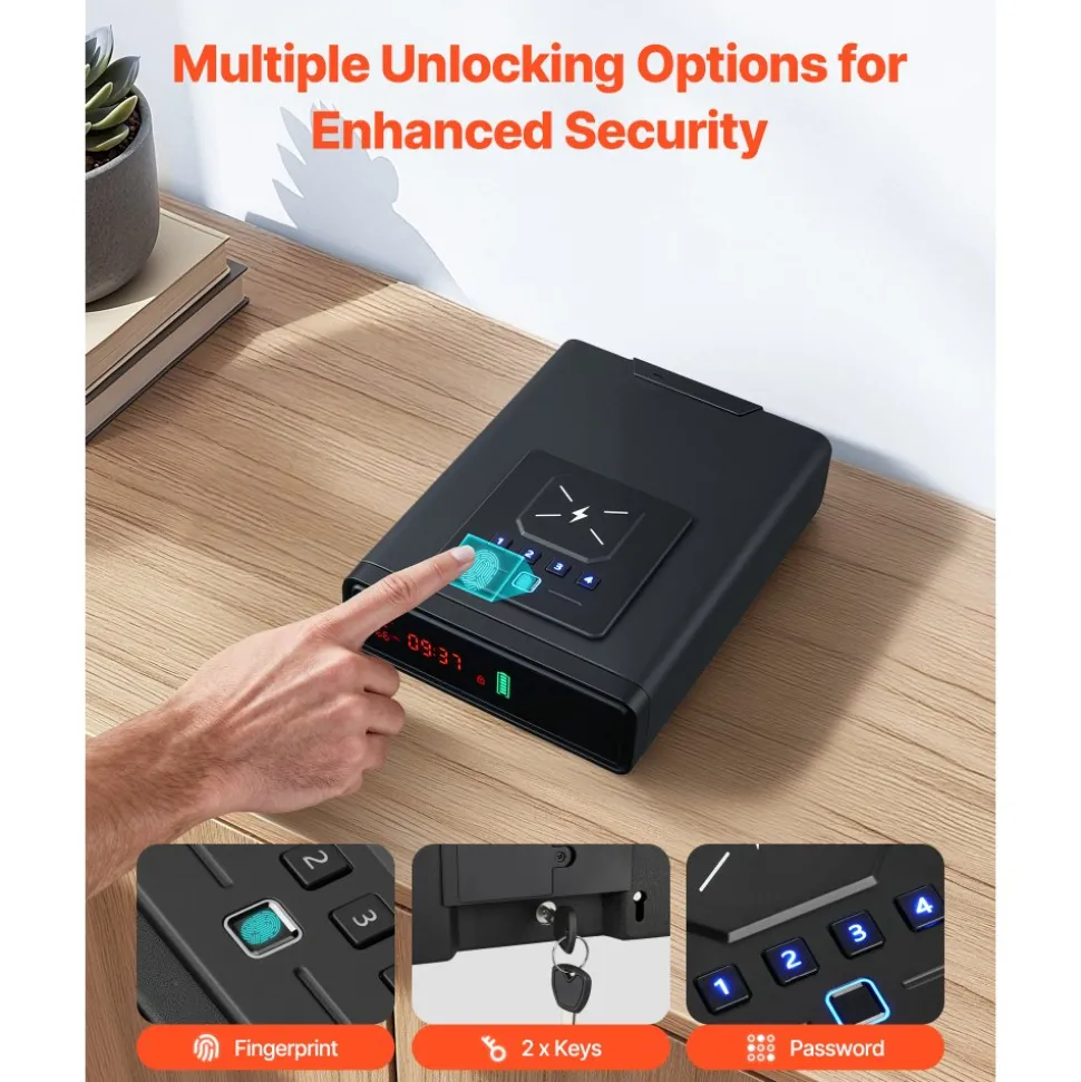 VEVOR Gun Safe, Pistol Handgun Drawer Safe with Fingerprint/Password/Key, 3-Way Quick Access Firearm Case Drawer with Screen for 2 Pistols & Magazines, Wireless Charging, for Desk Bedside Nightstand
