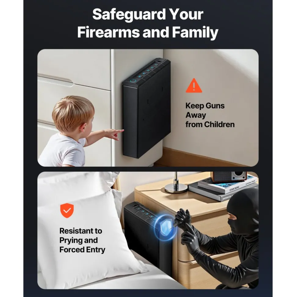 VEVOR Gun Safe, Slider Handgun Gun Safe with Fingerprint/Password/Key, 3-Way Quick Access Firearm Case Box with Lighting for 1 Pistol & Magazine, Mounted Pistol Gun Box for Nightstand Bedside Desk Car