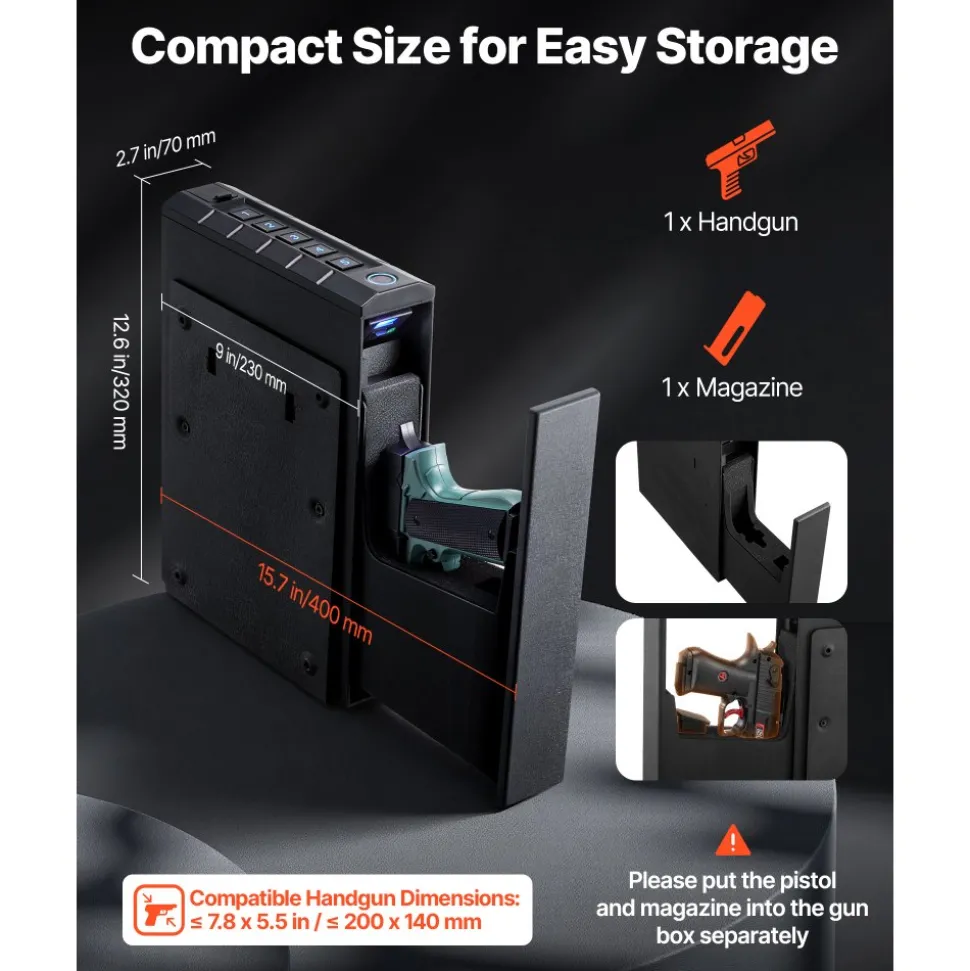 VEVOR Gun Safe, Slider Handgun Gun Safe with Fingerprint/Password/Key, 3-Way Quick Access Firearm Case Box with Lighting for 1 Pistol & Magazine, Mounted Pistol Gun Box for Nightstand Bedside Desk Car