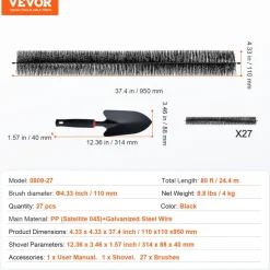 VEVOR Gutter Brush, 80 Feet Total Length 4.33 inch Diameter Gutter Cleaning Tools, Ground-Level Gutter Brush Leaf Guard for 5 Inch Gutters, Easily Clear roof Leaves and Debris, 27 Pack