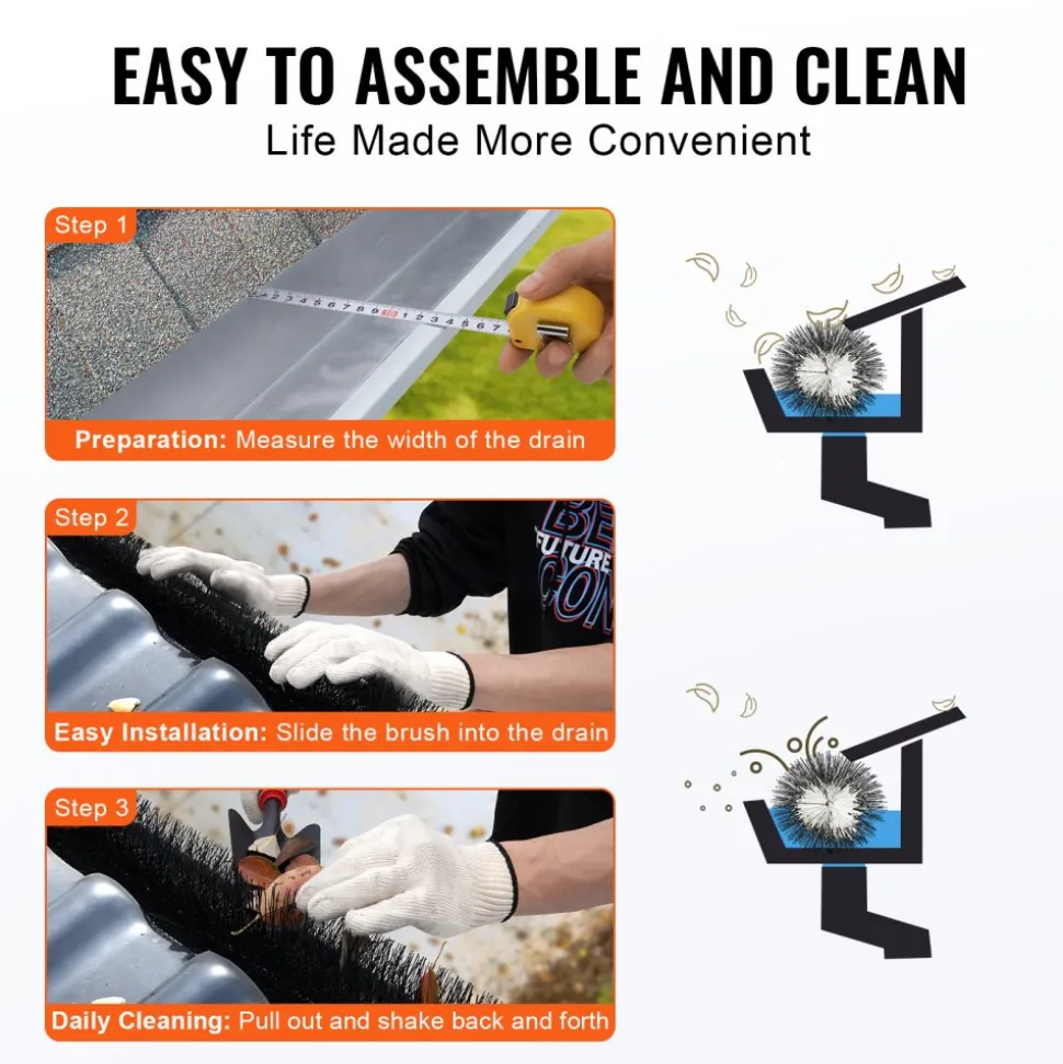 VEVOR Gutter Brush, 60 Feet Total Length 5.25 inch Diameter Gutter Cleaning Tools, Ground-Level Gutter Brush Leaf Guard for 5 Inch Gutters, Easily Clear roof Leaves and Debris, 20 Pack
