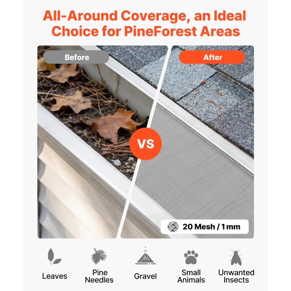 VEVOR Gutter Guard, 5 in Aluminum Gutter Cover with Stainless Steel Micro Mesh, Heavy-Duty 48ft Length, 0.04in Thick, Leaf Guard for Debris and Pine Needles, Easy DIY Install, Screws Included, 12 PCS