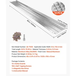 VEVOR Gutter Guard, 6 in Aluminum Gutter Cover Heavy-Duty, 52ft Length Protection Cover for Leaf & Debris, 0.02 in Thickness Mill Finish, Easy DIY Install, Fast Drainage, Screws Included, 13 PCS