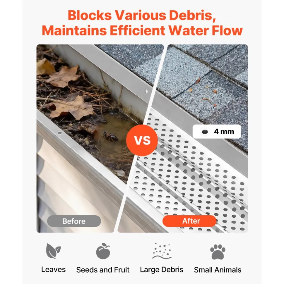 VEVOR Gutter Guard, 6 in Aluminum Gutter Cover Heavy-Duty, 52ft Length Protection Cover for Leaf & Debris, 0.02 in Thickness Mill Finish, Easy DIY Install, Fast Drainage, Screws Included, 13 PCS