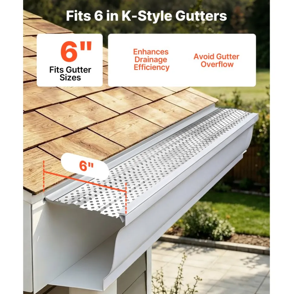 VEVOR Gutter Guard, 6 in Aluminum Gutter Cover Heavy-Duty, 52ft Length Protection Cover for Leaf & Debris, 0.02 in Thickness Mill Finish, Easy DIY Install, Fast Drainage, Screws Included, 13 PCS