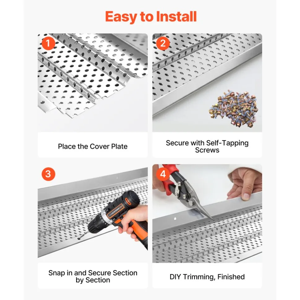 VEVOR Gutter Guard, 5 inch Aluminum Gutter Cover Heavy-Duty, 32ft Length Protection Cover for Leaf & Debris, 0.02 in Thickness Mill Finish, Easy DIY Install, Fast Drainage, Screws Included, 8 PCS