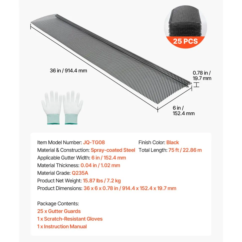 VEVOR Gutter Guard, 6 in Powder-Coated Steel Gutter Screen, Heavy-Duty 75 ft Length, 0.04 in Thickness, Leaf Guard for Debris and Leaves, Easy DIY Install, Fits 6" Standard Systems, 25 Pack, Black