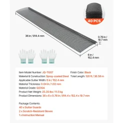VEVOR Gutter Guard, 6 in Powder-Coated Steel Gutter Screen, Heavy-Duty 120 ft Length, 0.04 in Thickness, Leaf Guard for Debris and Leaves, Easy DIY Install, Fits 6" Standard Systems, 40 Pack, Black